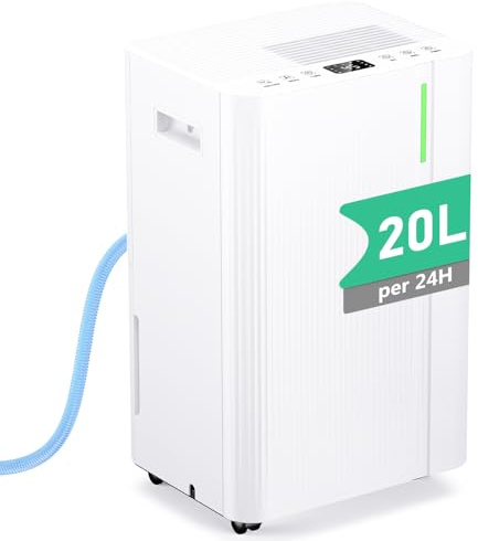 Dehumidifier, 20L/Day Quiet Portable Compressor Dehumidifier for Bedroom Bathroom Warehouse with 3 Modes, 24H Timer, Continuous Drainage, Humidity Control, Dryer Function, Auto Defrost, Low Energy