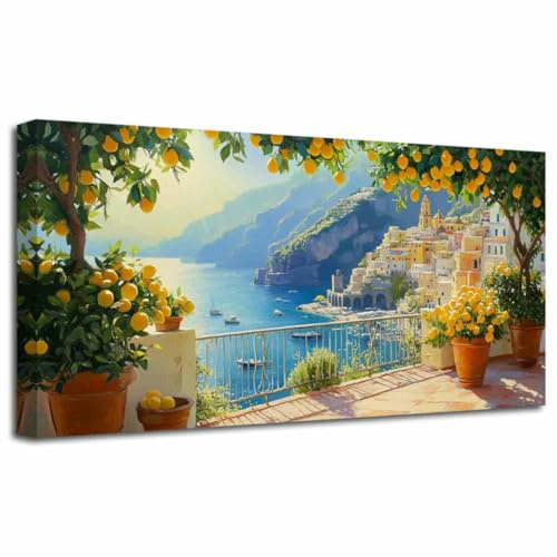 LZIMU Große Leinwand Italien Küste Gelbe Zitrone Küche Bilder Blaue Natur Meereslandschaft Gemälde Drucke Sommer Italienische Küste Poster (Grün, (45L x 90B cm))