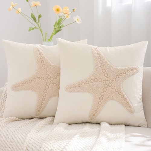 Küsten Kissenbezüge 45 x 45 cm 2er set Beige Seestern Sofakissen Sommer Ozean Strand Dekorative Kissenbezug Deko Stickerei Kissenhülle für Sofa Couch Schlafzimmer Wohnzimmer Zuhause Balkon Garten