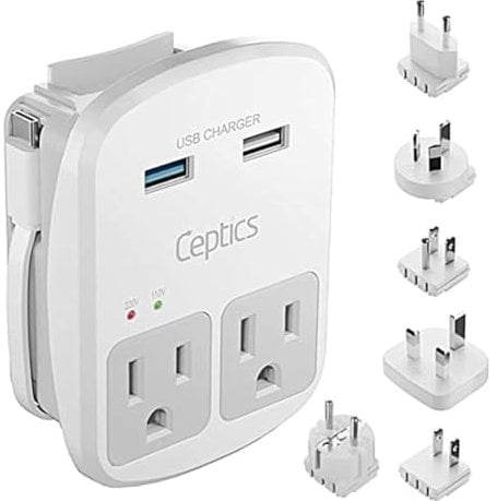 Ceptics World Travel Adapter Kit - QC 3.0 2 USB + 2 US Outlets, Überspannungsschutz, Stecker für Europa, UK, China, Australien, Japan - Perfekt für Laptop, Handys, Kameras - Sicher ETL getestet