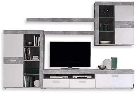 FORTE Zumba Wohnwand mit 2 Türen, 1 Glastür, 2 Schubladen und 1 Klappe, Holzwerkstoff, Betonoptik / Weiß, 300 x 41 x 200.90 cm