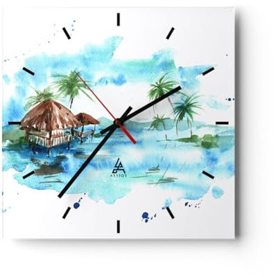 Modern Wanduhr Tropen Wasser Bungalow Ufer 30x30cm Quadrat Klein Wand Uhr Glas Analog Zimmeruhren Küche Büro Wohnzimmer Glasuhr Wall Clock Dekoration Design Wanddekoration Küchenuhr C3AC30x30-2988