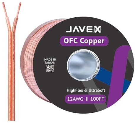 JAVEX Speaker Wire 12-Gauge [3.38mm2] [0.16mm Strands Oxygen-Free Copper 99.9%] Stranded Copper, Flat Cable, Cable for Hi-Fi Systems, Amplifiers, AV receivers and Car Audio Systems, 30.5M