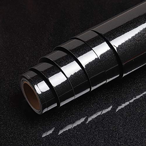 VEELIKE Black Wallpaper Self-adhesive Glitter Contact Paper Peel and Stick High Gloss Vinyl Wrap for Kitchen Cupboards Stickers Waterproof Sticky Back Plastic Cabinet Cover Furniture 40cm x 300cm