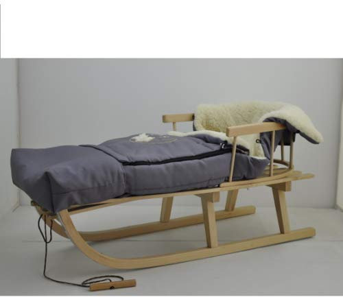 Holzschlitten Kinderschlitten aus Buchenholz Rückenlehne inkl. Zugseil + Winterfußsack Schlittensack Fußsack mit Reißverschluss 40/110 cm Schlitten Metallkufen (Grau)