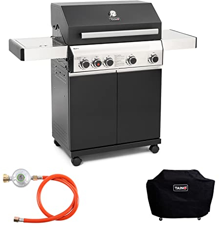 TAINO BLACK Gasgrill-Set mit Abdeckhaube und Gasdruckminderer (BLACK 4+1 Set)