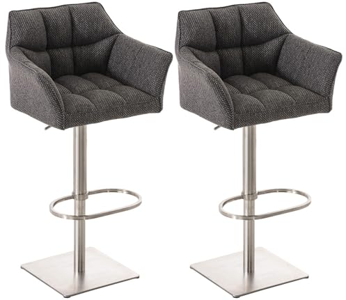 CLP 2er Set Barhocker Damaso Stoffbezug I Gepolsterte Barstühle höhenverstellbar und drehbar I Tresenstühle mit Rückenlehne, Farbe:titangrau, Gestell Farbe:Edelstahl