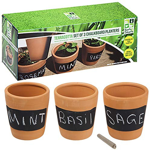 URBNLIVING Set of 3 Brown Terracotta Chalkboard Plant Flower Pot Herb Holder Kitchen Décor Perfect For seed Flower Plant Home Window Garden Patio Decking Indoor/Outdoor