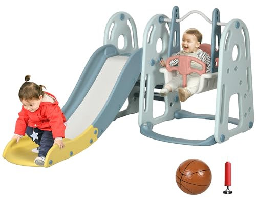 HOMCOM Portique Enfant Toboggan et balançoire avec Panier de Basket-Ball Aire de Jeux 3 en 1 Usage intérieur et extérieur dim. 190 x 150 x 100 cm Blue