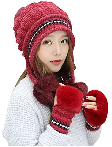 qudang Damen Mütze Handschuhe Set 2 in 1 Beanie Mütze Winter Gestreifte Chenille Fleece Gefüttert Dick Warme Strickmütze Pompon Wintermütze, Einheitsgröße, Rot