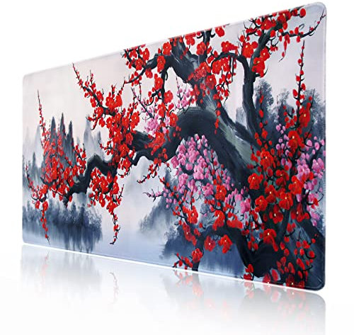 Grand tapis de souris pour gaming motif aquarelle fleurs de cerisier japonais, dos antidérapant en caoutchouc et bords cousus, taille XXL, 90 x 40 cm