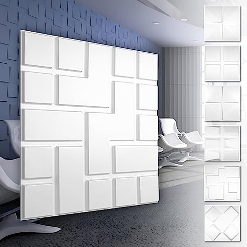 HEXIM 3D Wandpaneele, PVC Kunststoff weiß - Quadrat Design Paneele 50x50cm Wandverkleidung (3QM HD061) Hintergrund Paneele weiß