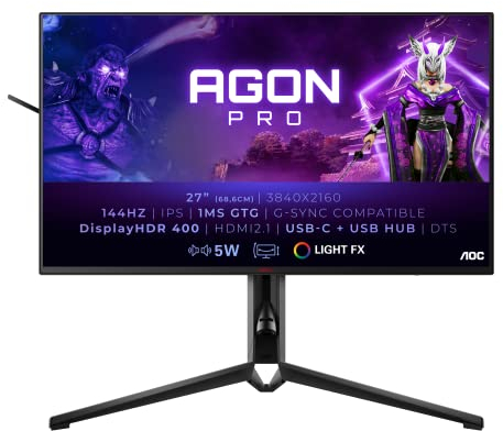 AOC Agon Pro AG274UXP - 27 Inch UHD Gaming Monitor,nano IPS, 144 Hz, 1ms GTG, FreeSync, G-Sync Compatible, HDR600 (3840x2160, HDMI 2.1, DisplayPort, USB-C, USB Hub)