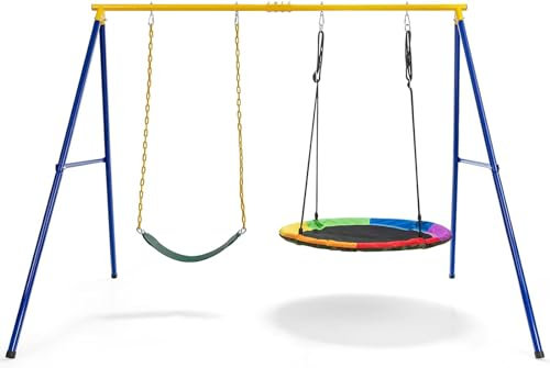 COSTWAY Set Altalena da Giardino per Bambini, Struttura di Metallo ad A per Altalena con 1 Sedile Altalena in EVA Morbido e 1 Altalena Nido, Capacità 300kg, Ideale per Giardino Cordile e Parco Giochi