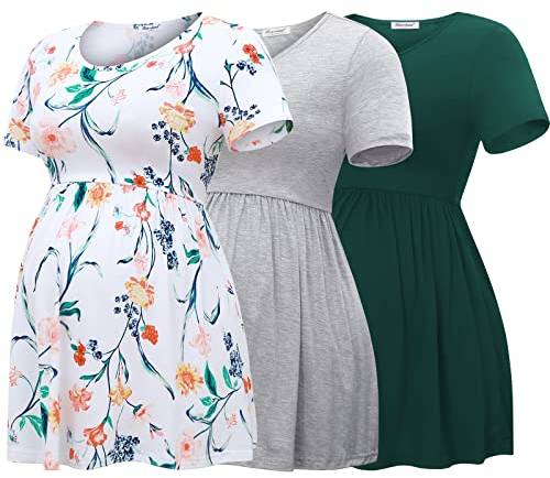 Bearsland Maternity Tops Short Sleeve Scoop Neck Breastfeeding T-Shirt Pregnancy Clothes，Green&Light Gray&White Flower,XL