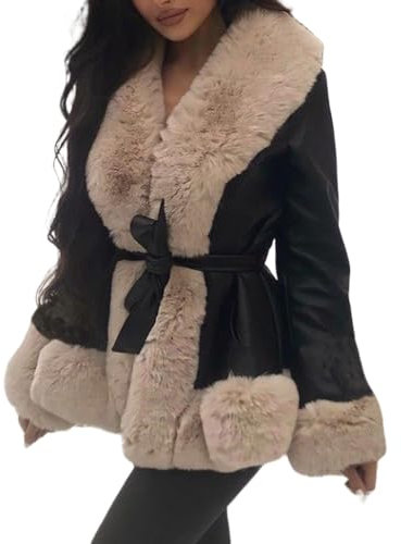 FeMereina Damen Kunstleder Jacke Mantel Kurz Parka Mantel mit Pelzkragen Open Front Plüsch Kragen Warm Cardigan mit Gürtel Outwear, Schwarz , 36