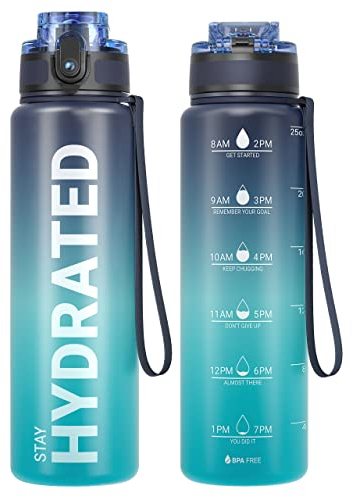 Sahara Sailor Leakproof Water Bottle 750ML, Tritan BPA Free Motivational Sport Drinks Bottle with Clear Time Marker, Lock Cover, Easy Clean Brush, Durable for Gym, School, Hiking, Cycling (1 Bottle)