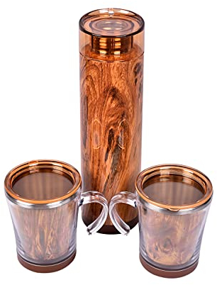 2 Person Flask and Mugs; Dual Flask Hamper with 1L Insulated Flask and 2 Travel Mugs, Camping Coffee Cup - Perfect Flask Picnic Hamper for Outdoors – Glossy Wood