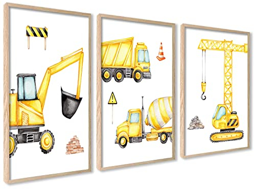 ag.art deco 3er Kinderzimmer Poster Set | 3 Stück A3 30x40cm | Gelb Kran Bagger Wagen Betonmischer Baustelle | Mädchen und Junge Bilderset | ohne Rahmen