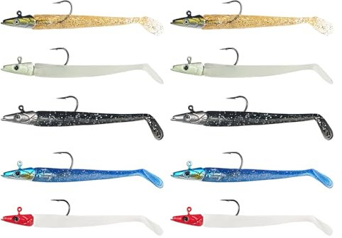 Lot de 10 leurres de pêche souples avec crochet simple, appâts de pêche en mer, cuillères à écailles, leurres de pêche et matériel de pêche, adaptés pour l'eau salée, l'eau douce (11 cm)