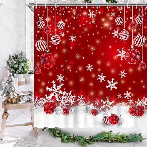 APKPK Red Christmas Snowflakes Shower Curtain Set with 12 Hooks Merry Xmas Glitter Sparkle Bokeh Bathroom Bathtubs Decor Easy Care Washable Durable Polyester Fabric 72x72