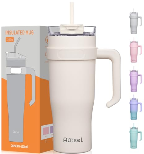 Autsel 40oz Mug Isotherme avec Poignée et Paille 1200ml Tasse Isotherme de Voyage à Double Parois pour Voiture Travail Sports
