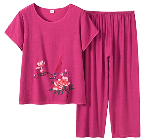 Tuta Leggera Donna - Abito Estivo per Anziani con Stampa Floreale Abito Estivo per Anziani in di Cotone a Maniche Corte per Completo da Due Pezzi Pantaloni Ginnastica
