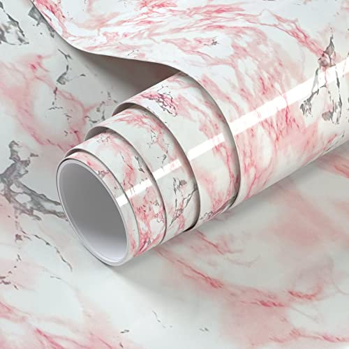 VOLEAAR Carta da parati autoadesiva in vinile impermeabile, 90 cm x 500 cm, colore: rosa e bianco, effetto marmo