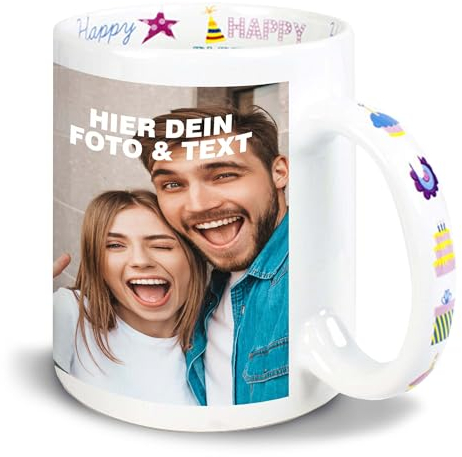 Kiwistar Tasse Happy Birthday – Photo et texte – Personnalisable avec texte souhaité – Anniversaire – Cadeau – Tasse à personnaliser soi-même – Inscription – Cadeau – Tasse à motif