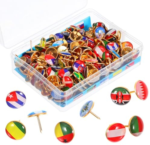 Tofficu 200 Pcs National Flag Thumb Tacks, Flags Push Pins for Map World, Push Pin Travel Map World, Pins Map Pins for Cork Board, Map
