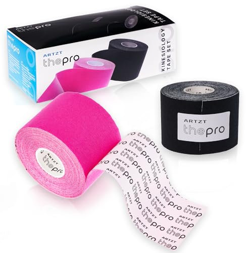 ARTZT thepro Kinesiologisches Tape | Hautfreundlich, Hypoallergen & Wasserfest | Für Sport & Physiotherapie | Material: Baumwolle | Maße: 5m x 5cm | 2er-Set (schwarz/pink)