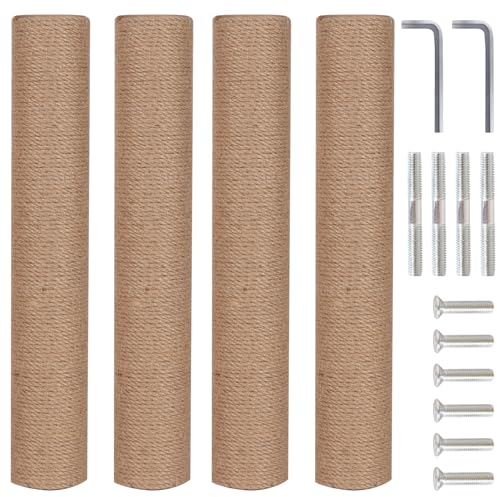 Pinkgarden 4-Pack 15.7 Cat Scratching Post Replacement - Natural Sisal Rope Scratcher Poles with M8 Screws for Indoor Cat Tower Renewal Parts, Easy to Assemble Cat Furniture Refill Parts (Nature)