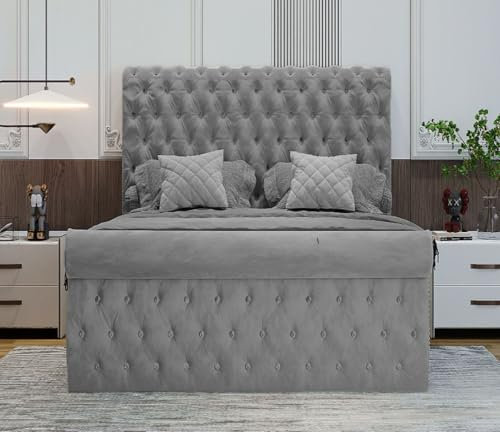 Steel Grey Plush Velvet Ottoman Bed Frame & Chesterfield Scroll Headboard | Sleigh Bed with Ottoman storage (Grey, 6FT Super King Size)