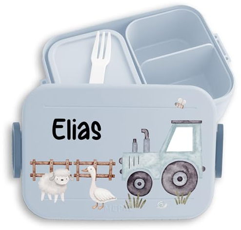 Kinder Bento Box Midi für Mepal Bentobox - Personalisierte Traktor Brotdose mit Tieren I Kindgerechte Lunchbox mit Traktor und Bauernhoftieren - 900 ml - Hellblau - name butterbrotdose kindergarten