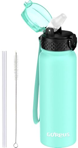 GOPPUS 600ml/20oz Stainless Water Bottle with Straw Double Wall Insulated Bottles with Strap Reusable Vacuum Thermal Flask Leakproof Keep Cold Drinks Bottles with Flip Top Lid for Men Women BPA Free