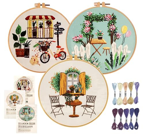 UPUPGO Stickerei Set Stickset für Anfänger, Stickerei Kits Blumenmuster Pflanzen Erwachsene Sticken Set Kreuzstich Kit 3 Kreuzstichmuster und 1 Stickrahmen für DIY Kunst Handwerk Nähen