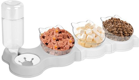 Yummy Sam Raised Four Cat Dishes for Food and Water, 15° Tilted 4 in 1 Small Pet Feeding Bowls Set with Automatic Water Bottle and Triple Food Bowls, Pet Feeder for Small Medium Pets Dog Puppy Cats