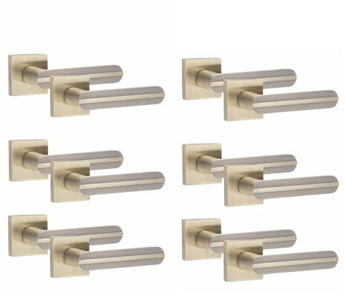 Golden Grace 6 Pair Modern Lima Knurled Design Antique Brass Premium Door Handles Square Rose