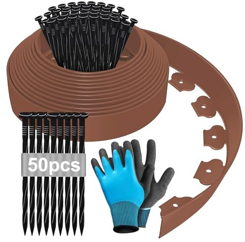 Bordure de Jardin Flexible 10m, Bordure Jardin Exterieur Hauteur 5cm, Bordure Jardin Plastique, Bordurette de Jardin, Garden Edging, Bordure de Tonte, avec Gants et 50 Ongles - Marron