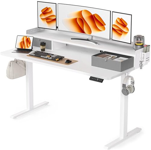 WALKINGDESK Höhenverstellbarer Schreibtisch Elektrisch mit 2 Schubladen, 140x60 cm Stehpult mit Stiftehalter und Kopfhörerhalter, Tisch für Home Office Büro, DIY Pegboard, 4 Haken, Weiß