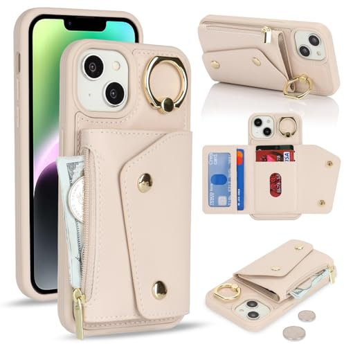 Lipvina Per iPhone 14/13,Custodia per telefono con spazio per carte di credito per donne. Custodia con fessura per carte di credito. Portafoglio con zip per uomini - Bianco