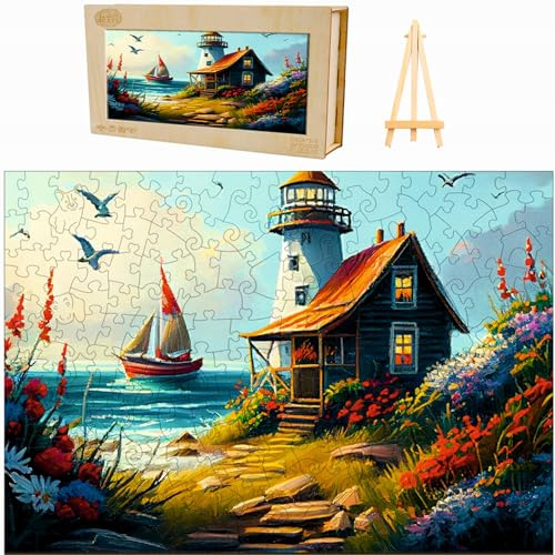 PASJO - Holzpuzzle Erwachsene mit Leuchtturmmotiv 126 Teile 34,2x28,2 cm - Geschenkidee für Kinder - Holz Puzzle Leuchtturm - Einzigartige Leuchtturmförmige Holz-Puzzle - Creative Jigsaw