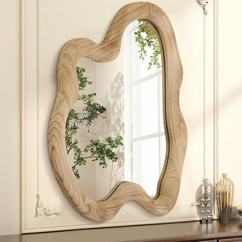 AAZZKANG Großer rustikaler Wandspiegel mit unregelmäßigem Holzrahmen, 80 x 60 cm, dekorativer asymmetrischer Hängespiegel für Badezimmer, Schlafzimmer, Wohnzimmer, Eingangsbereich