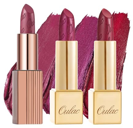 Oulac Burgundy Metallic Shine Lipstick Set - Lip Set for Women, Red Lip Color Kit, Creamy Formula, Full Coverage, Hydrating & Smooth, Infused with Shea Butter, Vegan, Clean Beauty B606(606+D04+D14)