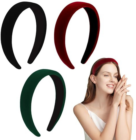 3 Stück Haarreif Dirndl, Retro Haarreif Samt, Breit Haarreifen Damen, Schwarz, Rot und Grün