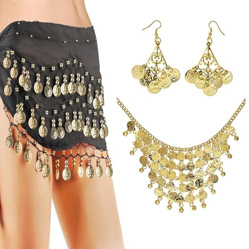 boocooberg 3 Stück Bauchtanz Hüfttuch,Piratenkostüm Damen,Wahrsagerin Kostüm,Bauchtanz Kostüm Ohrringe Kette,Piraten Accessoires Damen,Damen Bauchtanz Schal Mit 128 GoldmüNzen für Bauchtanz Karneval