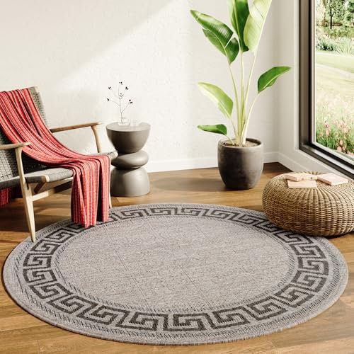 TAPISO Melissa Rund Teppich Outdoor Braun Schwarz Griechisch Sisal Indoor Wohnzimmer Küche Flur Balkon Terrasse Kurzflor Wasserfest ÖKO-TEX 100 x 100 cm