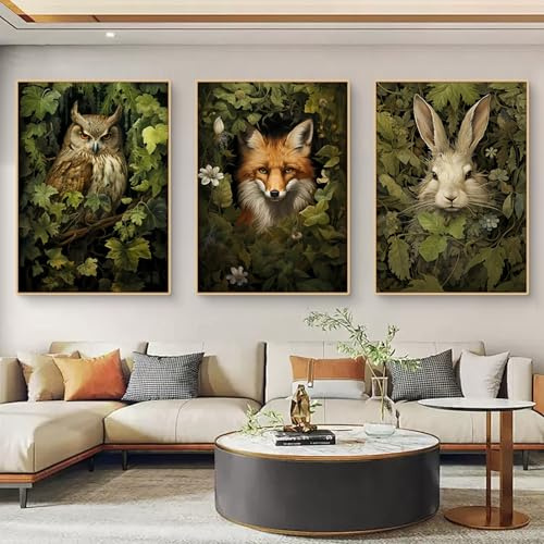 3er Set Poster Leinwand Bilder, Eule, Kaninchen, Fuchs Retro-Kunst, Magische Waldtier Posters Bilderset ohne Rahmen, Wandbilder Wohnzimmer Schlafzimmer Deko (30x40cm)