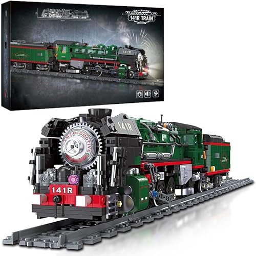 City Zug 141R Klemmbausteine Set, Grün Retro Dampflok Baukasten, RC Lokomotive Modellbausatz mit Schienen, Train Bauspielzeug Geschenk für Erwachsene 14+, (1782 Teile)