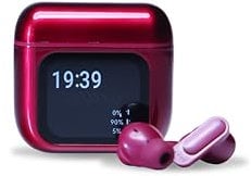 wessy juice wireless earbuds – Bluetooth, noise cancelling ear phones with multi use screen on case (red)